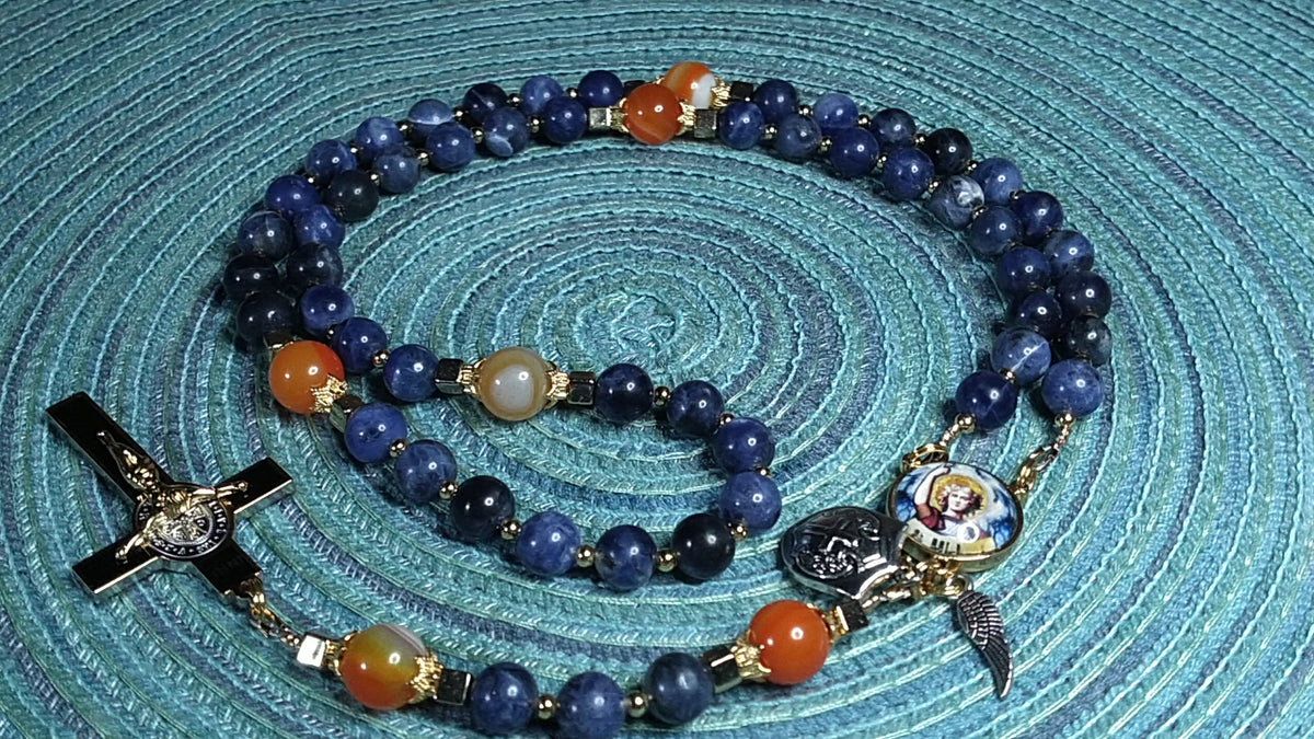 St. Michael the Archangel Limited Edition Royal Rosary | 18K Gold | Defend Us in Battle & Divine Protection | Sodalite & Red Stripe Carnelian