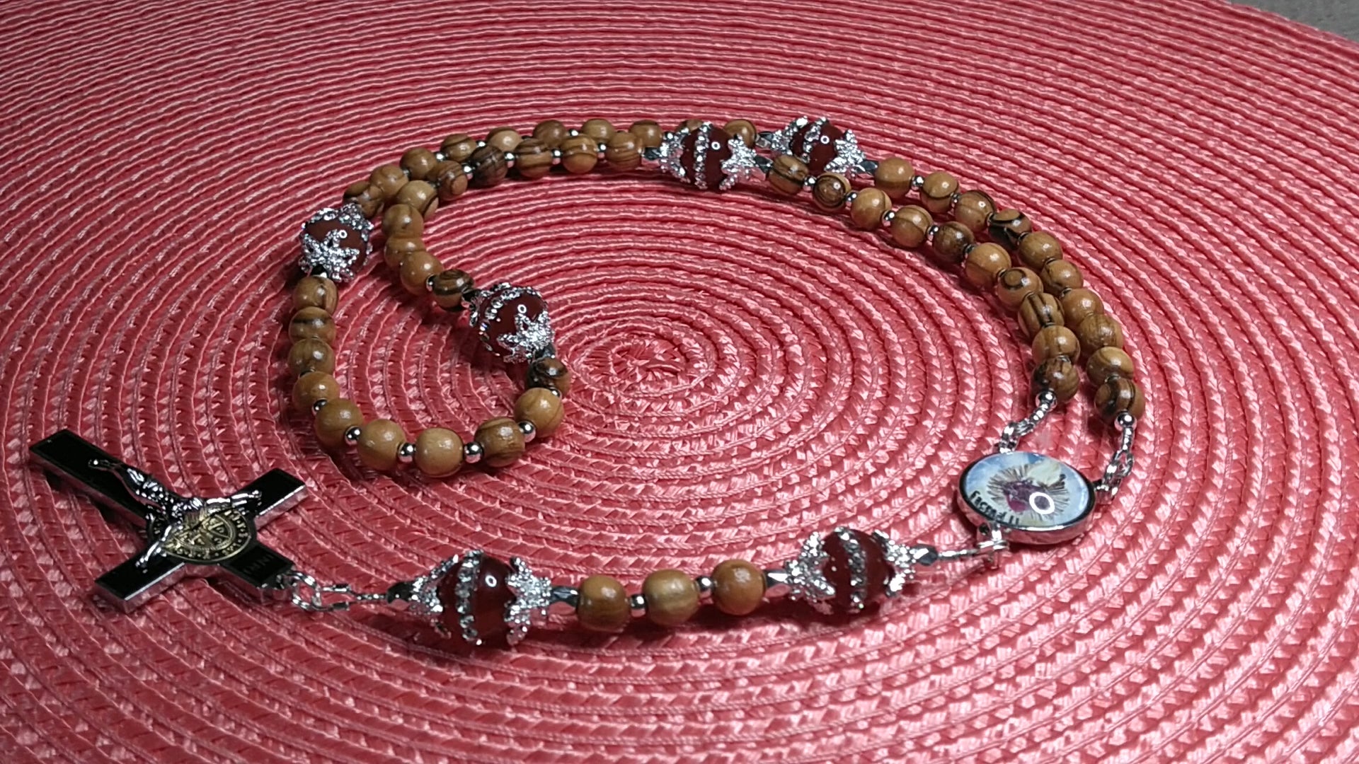 Sacred Heart Limited Edition Classic Relic Rosary | 18K Gold & Silver | Bethlehem Olive Wood & Ruby Jade | 3rd Class Relic of Our Lord (21 Touch-Points)