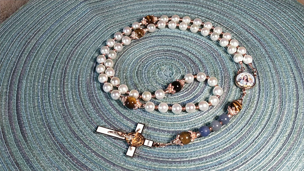 Our Lady of Garabandal Limited Edition Royal Relic Rosary | 18K Rose Gold Plated | Warning, Miracle & Spiritual Renewal | Natural Pearl & Tiger's Eye | 3rd Class Relic