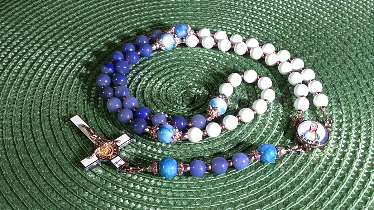 Our Lady of the Miraculous Medal Limited Edition Royal Relic Rosary | 18K Rose Gold | Unexpected Miracles, Protection & Divine Graces | Aventurine & Larimar Quartz | 3rd Class Relic