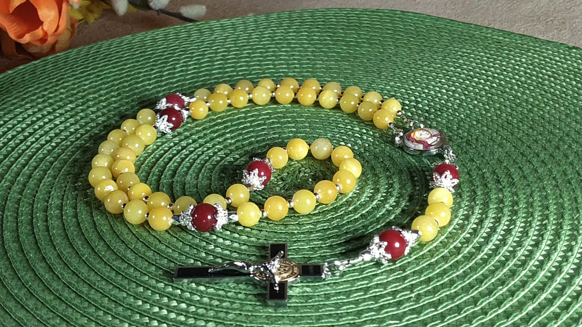 St. Longinus Limited Edition Royal Relic Rosary | 18K Gold & Silver Steel | Healing of Blindness, Eye Disease & Speech | Gold & Ruby Jade | 3rd Class Relic