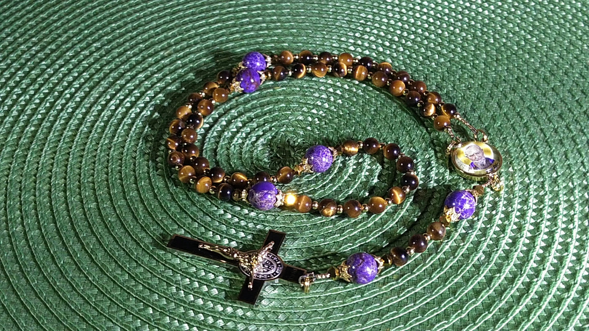 St. Padre Pio Limited Edition Majestic Relic Rosary | 18K Gold Plated | Physical & Mental Healing, Stress Relief & Confessors | Tiger's Eye & Purple Emperor Jasper | 3rd Class Relic