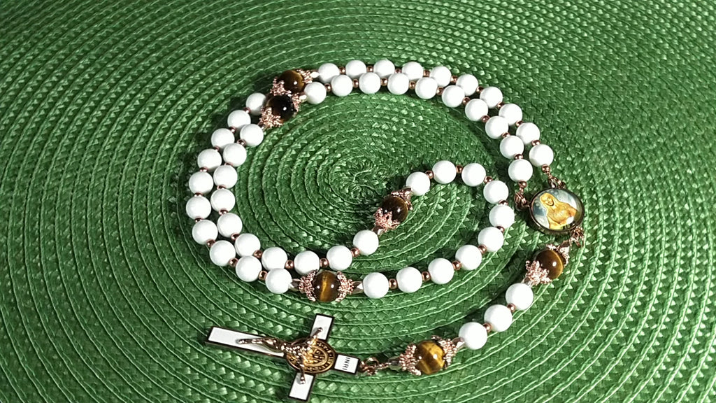 Our Lady of Akita Limited Edition Royal Relic Rosary | 18K Rose Gold | Hearing Loss, Ear Ailments & Divine Protection | White Natural Stone & Tiger's Eye | 3rd Class Relic