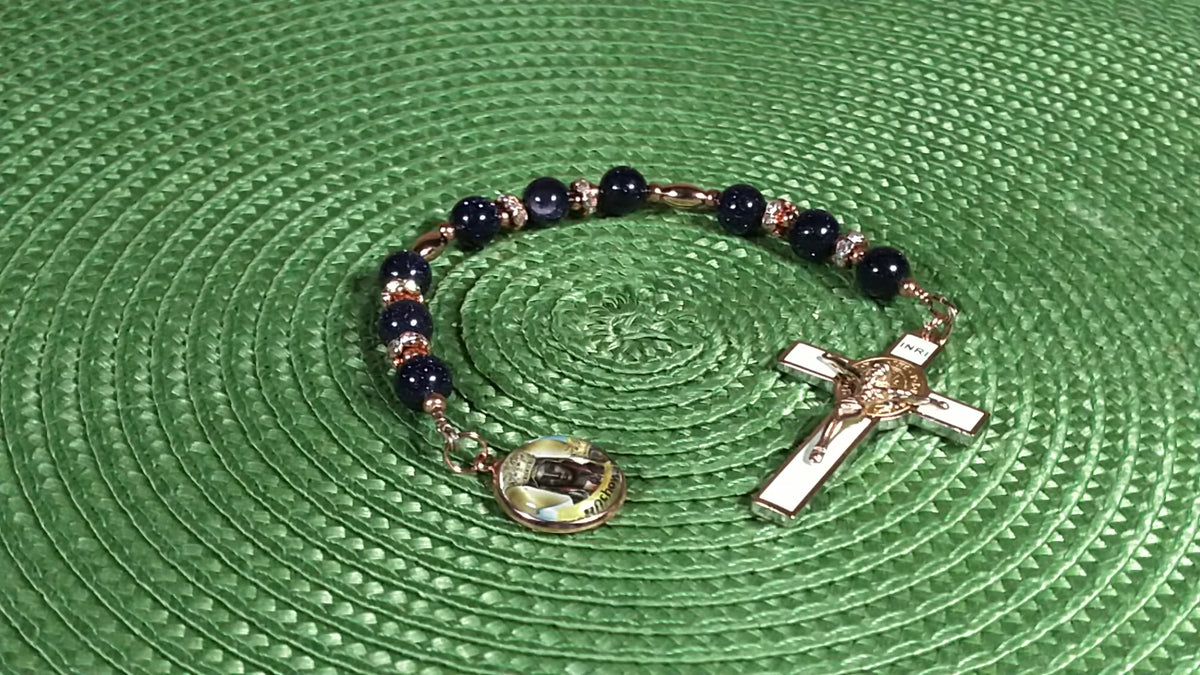 Our Lady of Czestochowa Limited Edition Royal Relic Chaplet | 18K Rose Gold Plated Crucifix | Deep Blue Sandstone | 3rd Class Relic | Includes Instruction Prayer Card