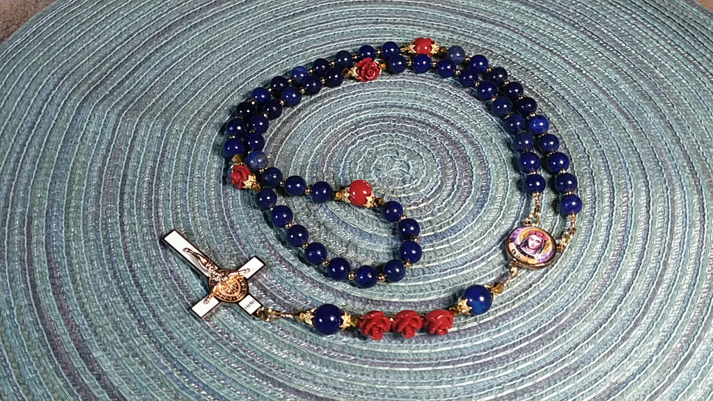 St. Rose of Lima Limited Edition Royal Relic Rosary | 18K Rose Gold Plated | Gardeners, Florists & Overcoming Vanity | Lapis Lazuli & Red Resin Roses | 3rd Class Relic