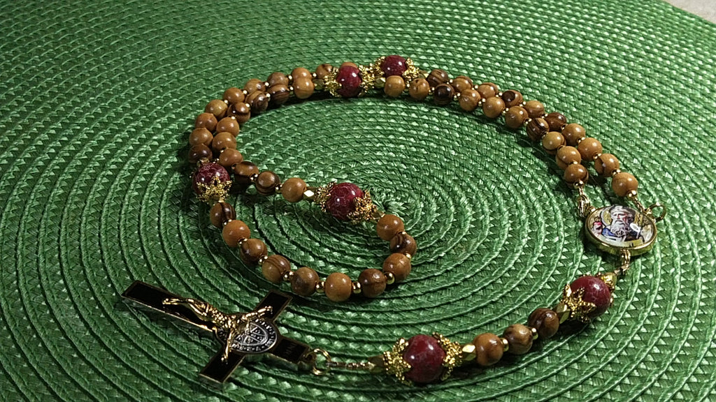 St. Augustine Limited Edition Classic Relic Rosary | 18K Gold & Onyx Black Gold | Sore Eyes, Sore Throats & Recovery from Vice | Bethlehem Olive Wood & Emperor Jasper | 3rd Class Relic