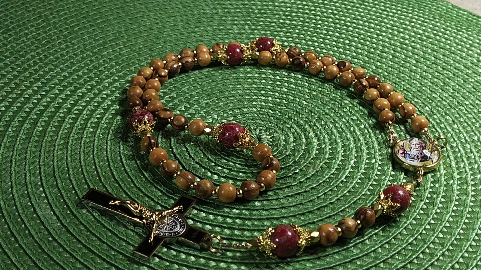 St. Augustine Limited Edition Classic Relic Rosary | 18K Gold & Onyx Black Gold | Sore Eyes, Sore Throats & Recovery from Vice | Bethlehem Olive Wood & Emperor Jasper | 3rd Class Relic